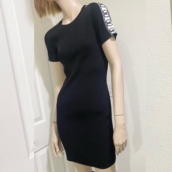 MICHAEL Michael Kors Jacquard Trimmed Ribbed Knit Bodycon Black Dress Size M - Picture 4 of 16